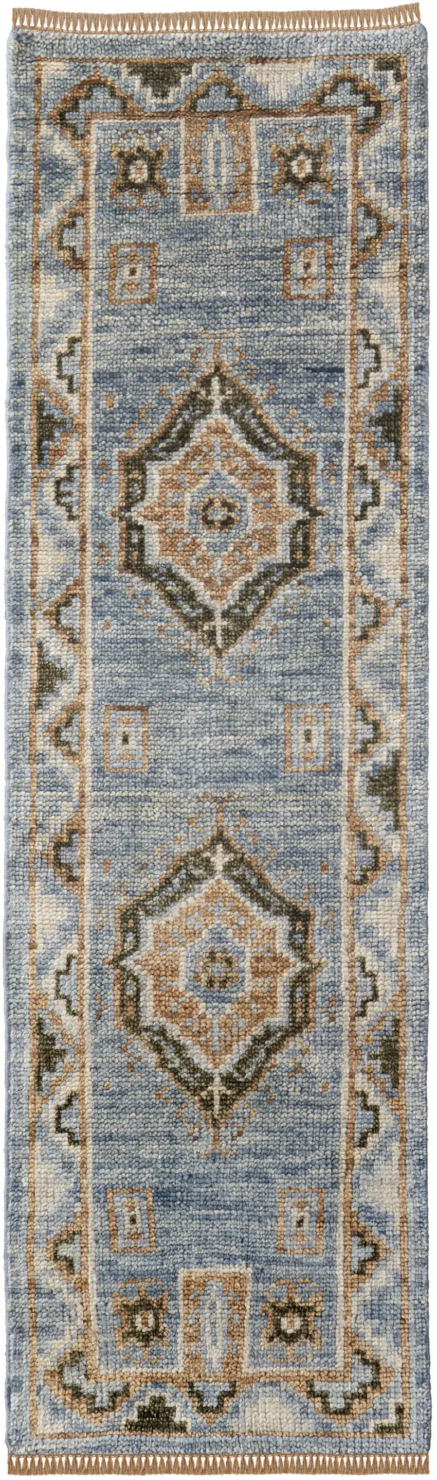 14' Ivory Tan and Blue Wool Oriental Hand Knotted Runner Rug With Fringe Photo 2