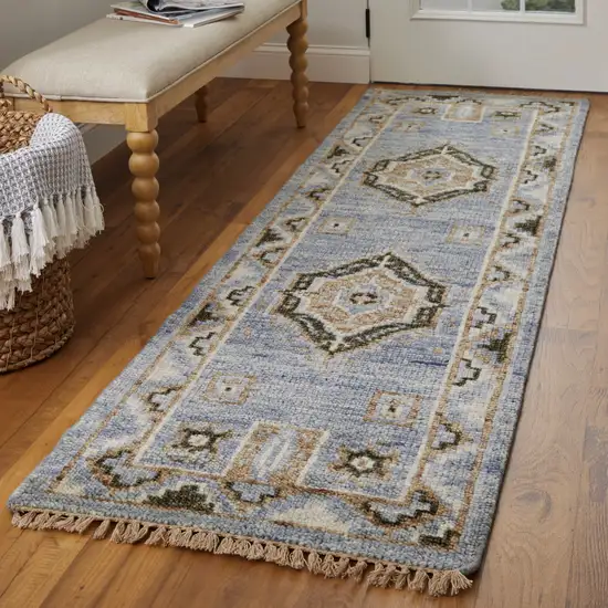 8' Ivory Tan and Blue Wool Oriental Hand Knotted Runner Rug With Fringe Photo 6