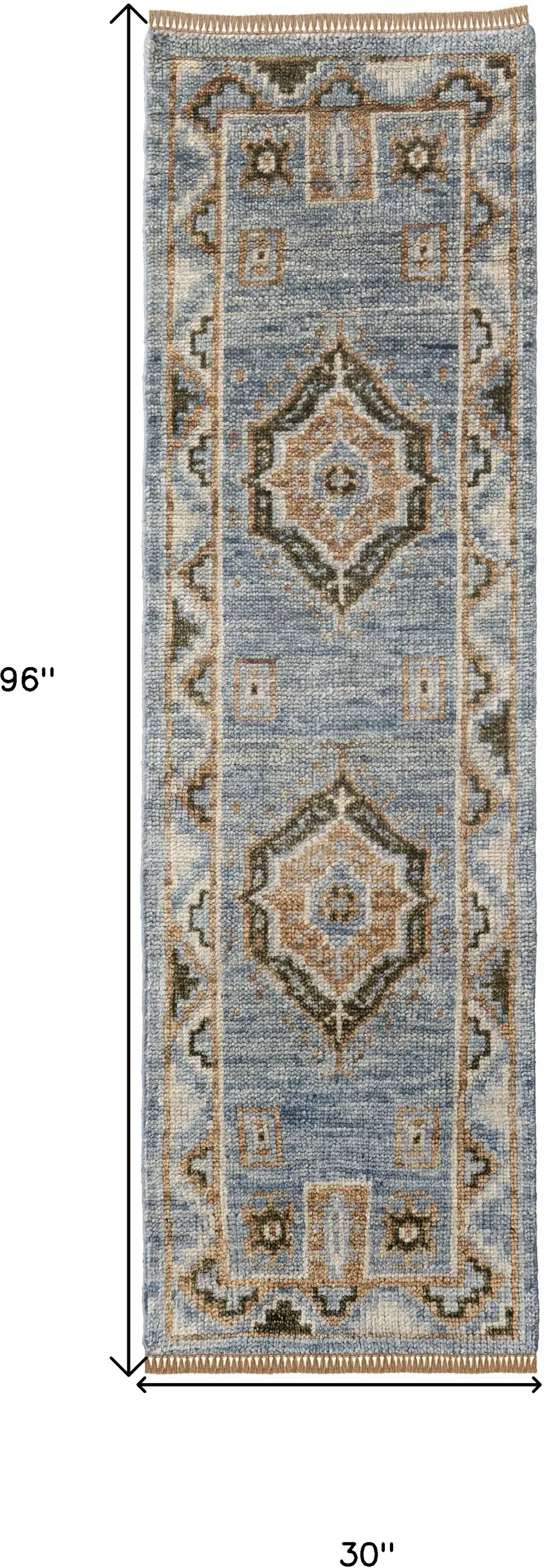 8' Ivory Tan and Blue Wool Oriental Hand Knotted Runner Rug With Fringe Photo 3