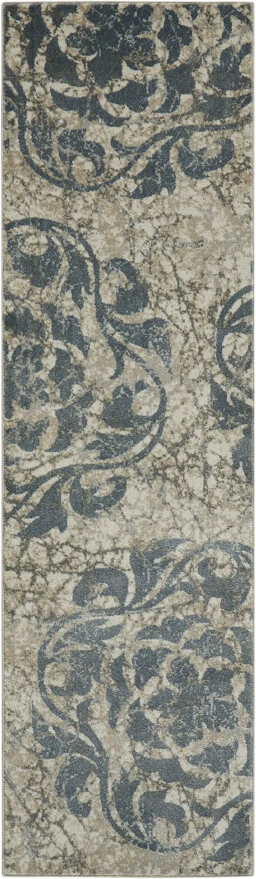 8' Ivory Tan and Gray Floral Distressed Non Skid Runner Rug Photo 2