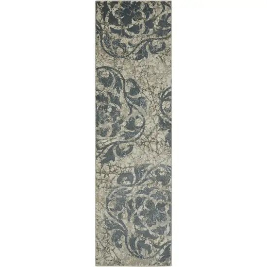 8' Ivory Tan and Gray Floral Distressed Non Skid Runner Rug Photo 7
