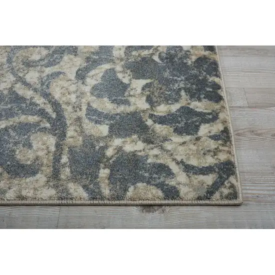 8' Ivory Tan and Gray Floral Distressed Non Skid Runner Rug Photo 6
