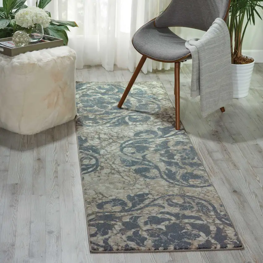 8' Ivory Tan and Gray Floral Distressed Non Skid Runner Rug Photo 4
