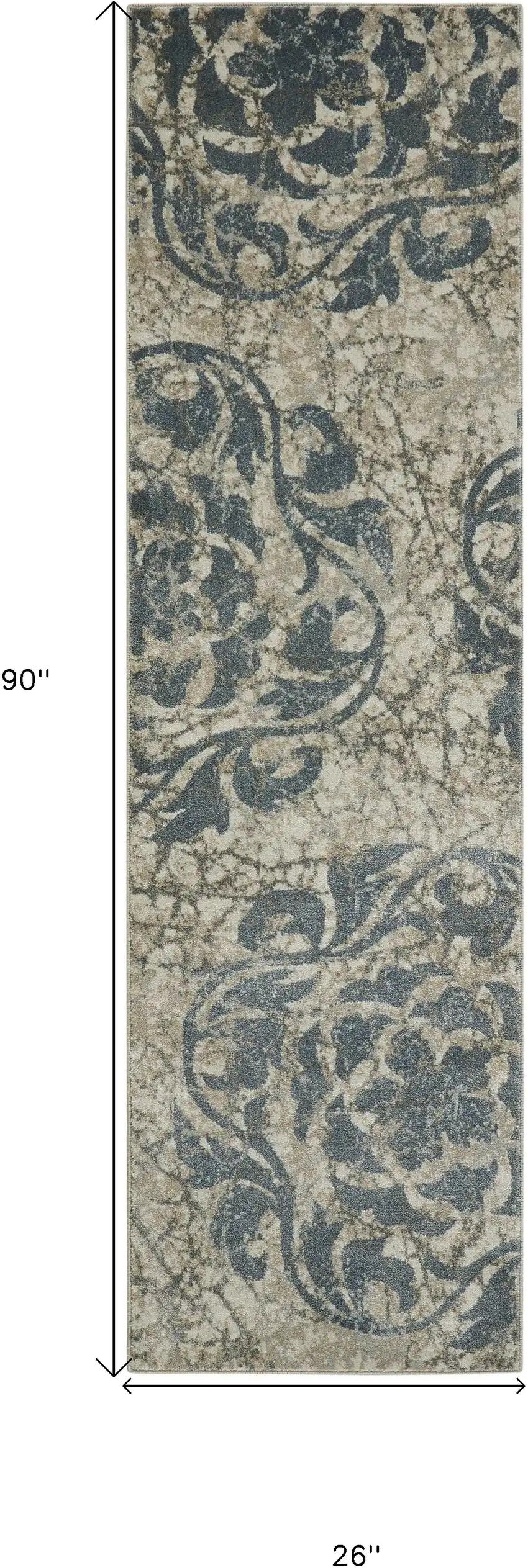 8' Ivory Tan and Gray Floral Distressed Non Skid Runner Rug Photo 3
