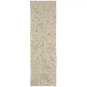 Photo of 8' Ivory Tan and Gray Wool Geometric Runner Rug