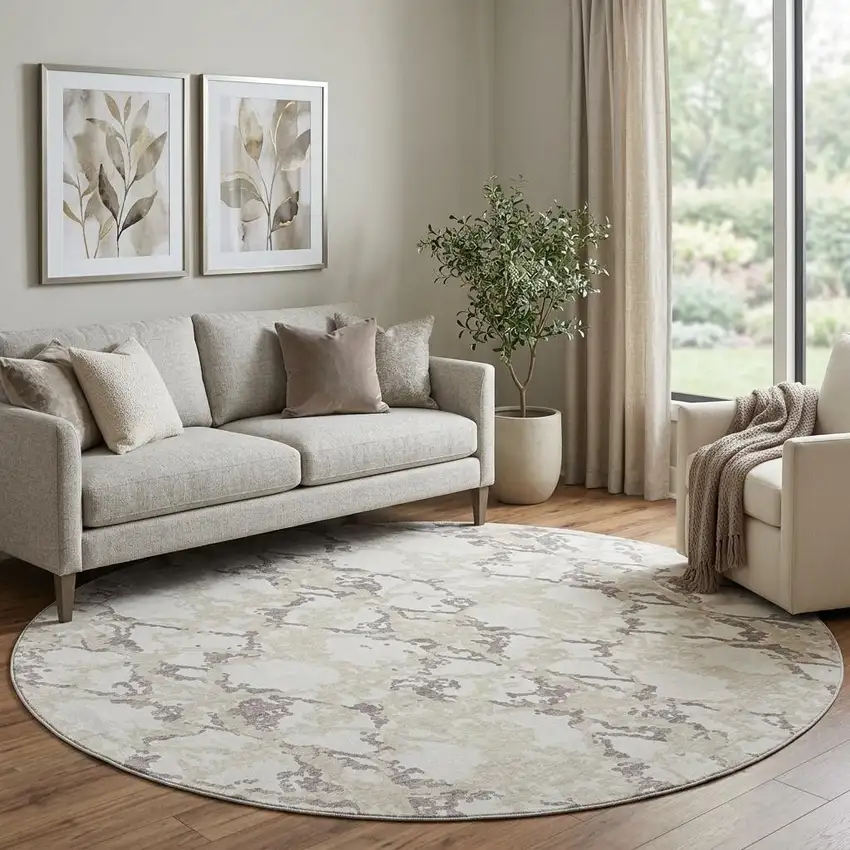 8' Ivory Taupe And Beige Abstract Washable Round Rug With UV Protection Photo 1