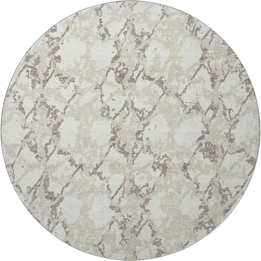8' Ivory Taupe And Beige Abstract Washable Round Rug With UV Protection Photo 4