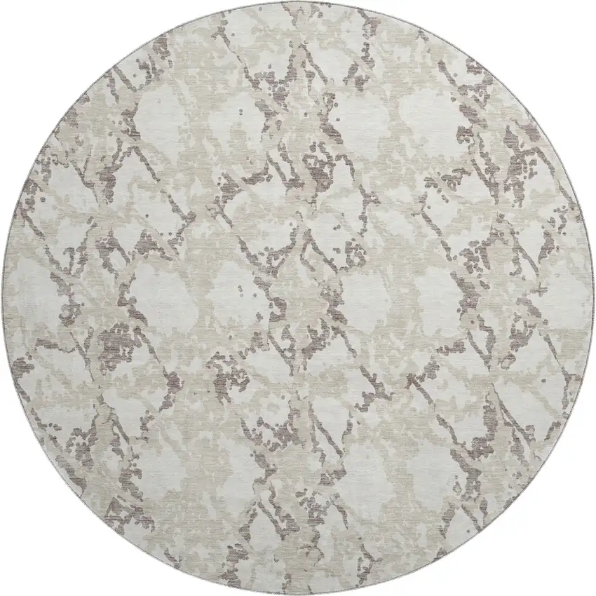 8' Ivory Taupe And Beige Abstract Washable Round Rug With UV Protection Photo 1