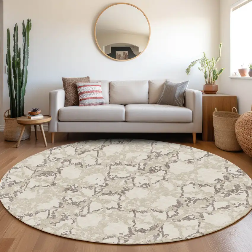 8' Ivory Taupe And Beige Abstract Washable Round Rug With UV Protection Photo 4