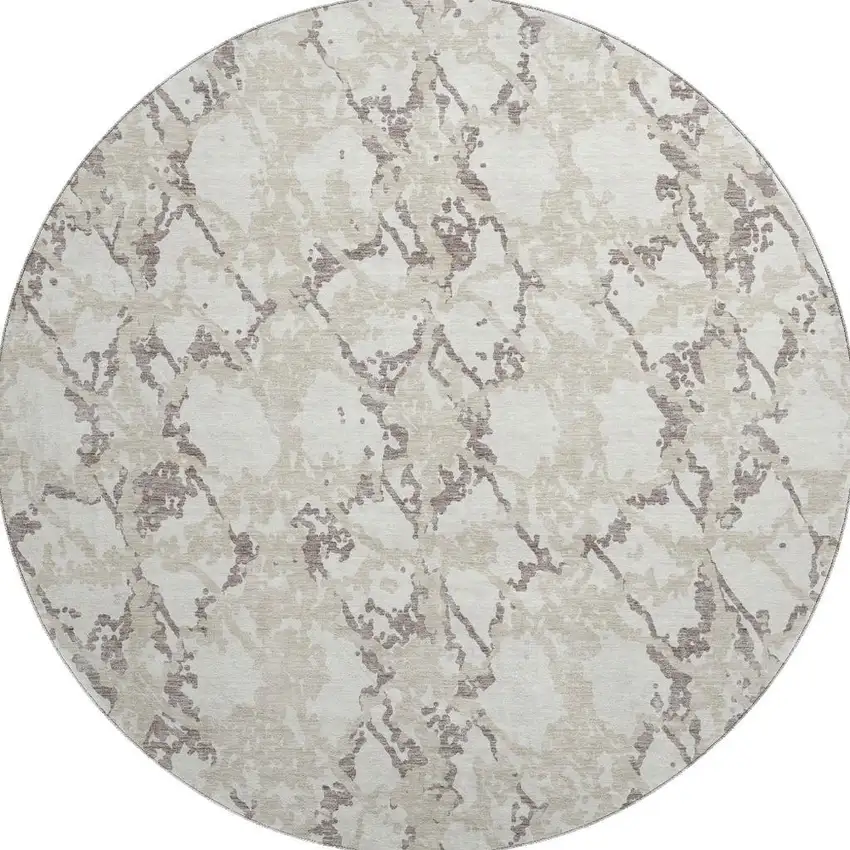 8' Ivory Taupe And Beige Abstract Washable Round Rug With UV Protection Photo 2