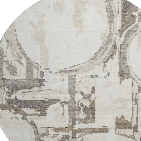 8' Ivory Taupe And Beige Geometric Washable Round Rug With UV Protection Photo 3
