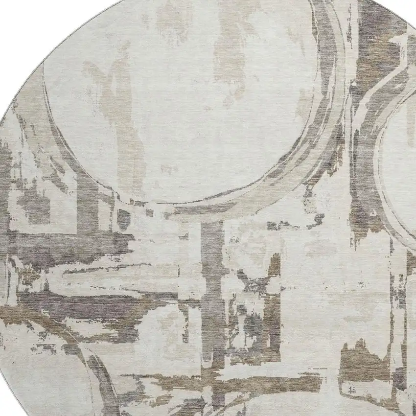 8' Ivory Taupe And Beige Geometric Washable Round Rug With UV Protection Photo 3