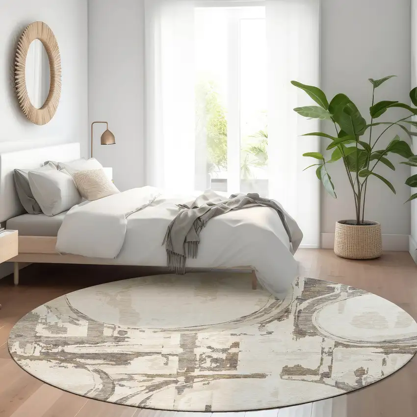 8' Ivory Taupe And Beige Geometric Washable Round Rug With UV Protection Photo 5