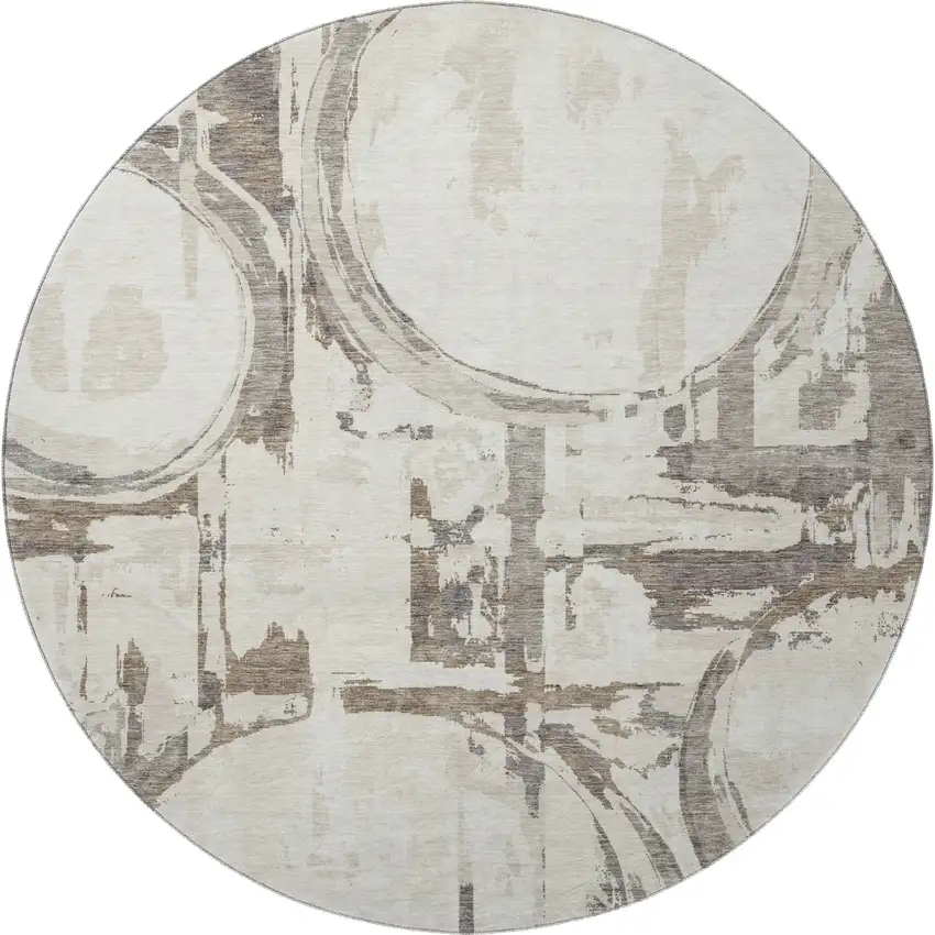 8' Ivory Taupe And Beige Geometric Washable Round Rug With UV Protection Photo 4