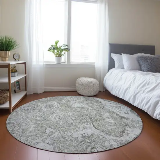 8' Ivory Taupe And Beige Round Abstract Washable Indoor Outdoor Area Rug Photo 6