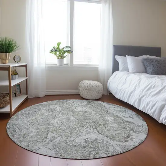8' Ivory Taupe And Beige Round Abstract Washable Indoor Outdoor Area Rug Photo 6