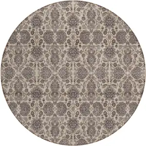 Photo of 8' Ivory Taupe And Beige Round Floral Washable Indoor Outdoor Area Rug