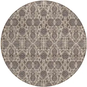 Photo of 8' Ivory Taupe And Beige Round Floral Washable Indoor Outdoor Area Rug