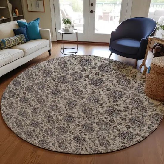 8' Ivory Taupe And Beige Round Floral Washable Indoor Outdoor Area Rug Photo 8