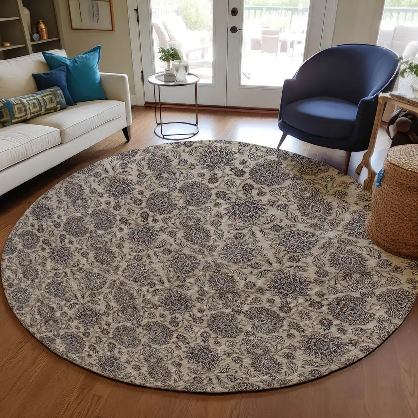 8' Ivory Taupe And Beige Round Floral Washable Indoor Outdoor Area Rug Photo 8