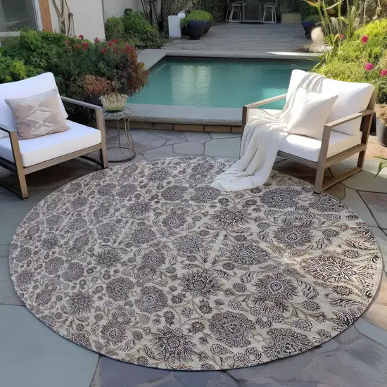 8' Ivory Taupe And Beige Round Floral Washable Indoor Outdoor Area Rug Photo 7