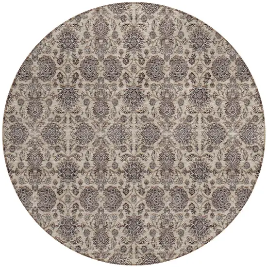 8' Ivory Taupe And Beige Round Floral Washable Indoor Outdoor Area Rug Photo 6