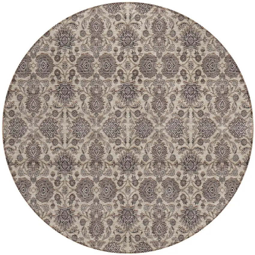 8' Ivory Taupe And Beige Round Floral Washable Indoor Outdoor Area Rug Photo 6
