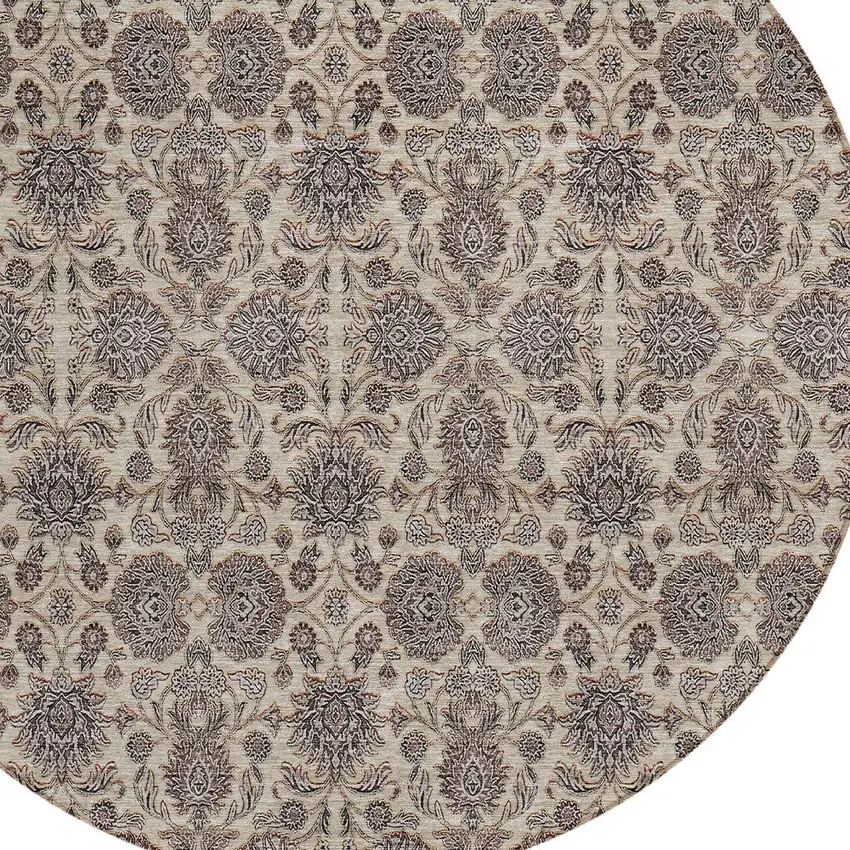 8' Ivory Taupe And Beige Round Floral Washable Indoor Outdoor Area Rug Photo 5