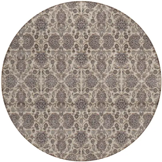 8' Ivory Taupe And Beige Round Floral Washable Indoor Outdoor Area Rug Photo 1