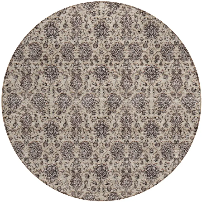 8' Ivory Taupe And Beige Round Floral Washable Indoor Outdoor Area Rug Photo 1