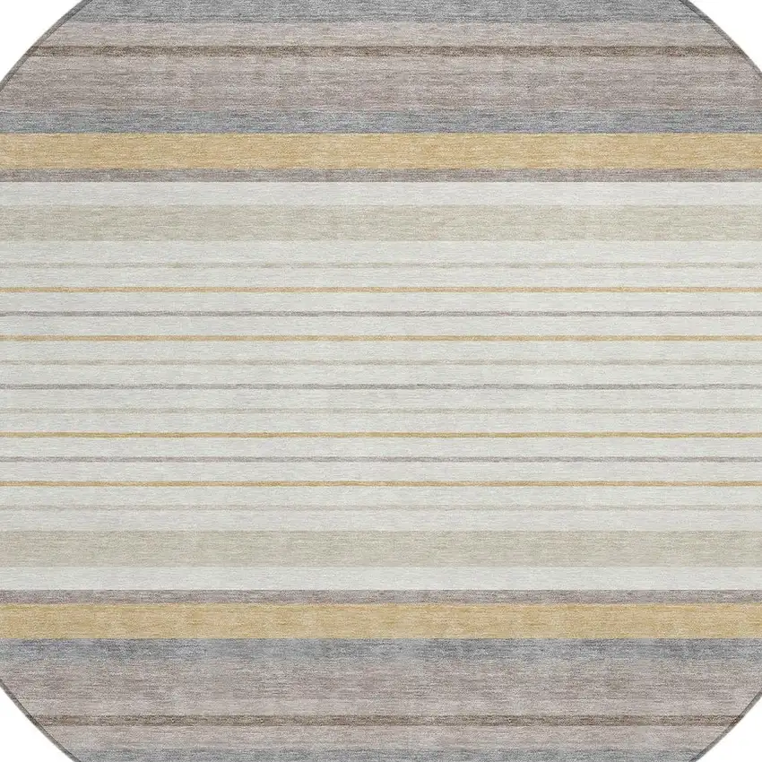 8' Ivory Taupe And Beige Round Striped Washable Indoor Outdoor Area Rug Photo 6
