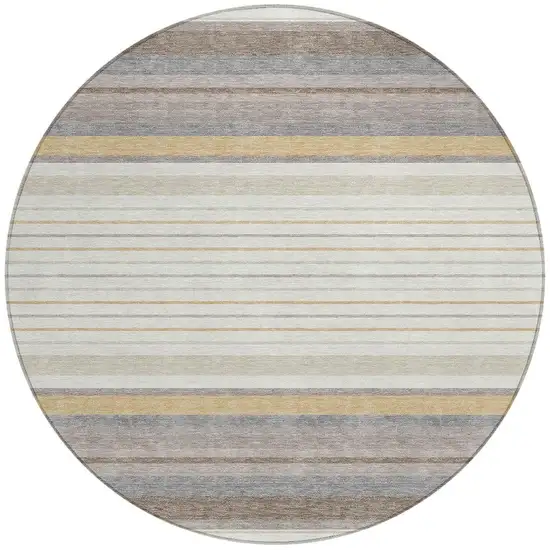 8' Ivory Taupe And Beige Round Striped Washable Indoor Outdoor Area Rug Photo 4