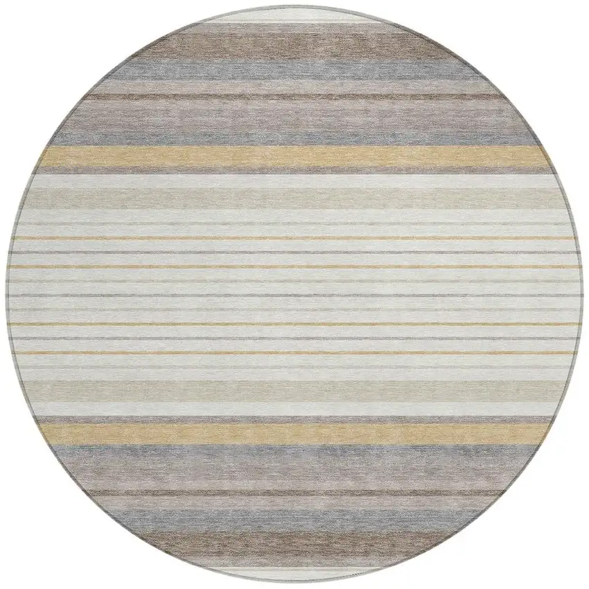 8' Ivory Taupe And Beige Round Striped Washable Indoor Outdoor Area Rug Photo 4