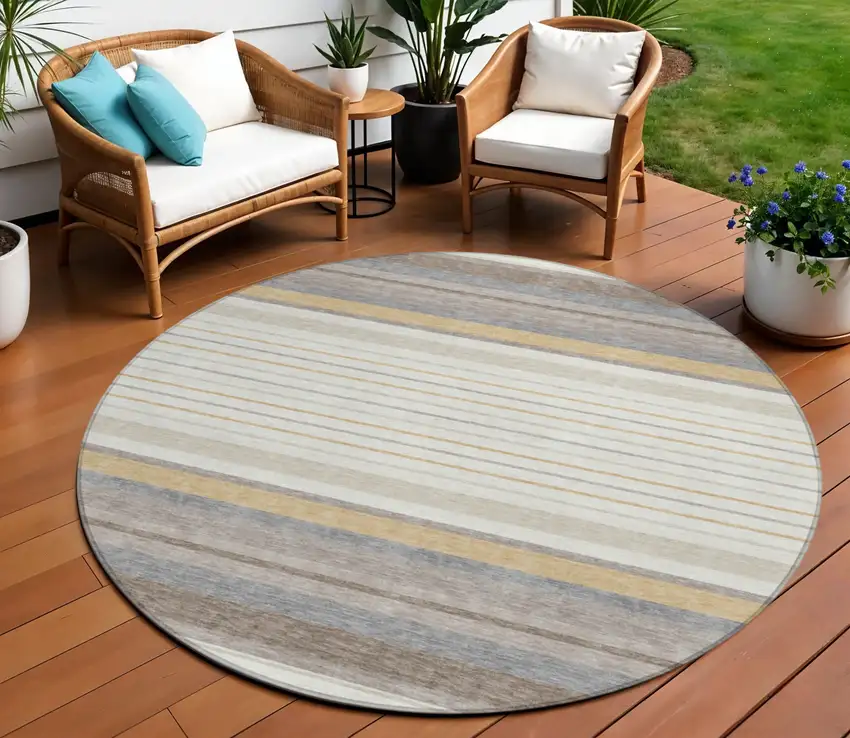 8' Ivory Taupe And Beige Round Striped Washable Indoor Outdoor Area Rug Photo 1