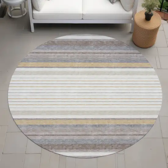 8' Ivory Taupe And Beige Round Striped Washable Indoor Outdoor Area Rug Photo 7