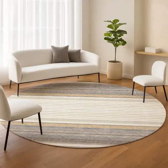 8' Ivory Taupe And Beige Round Striped Washable Indoor Outdoor Area Rug Photo 9