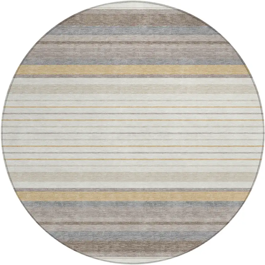 8' Ivory Taupe And Beige Round Striped Washable Indoor Outdoor Area Rug Photo 2
