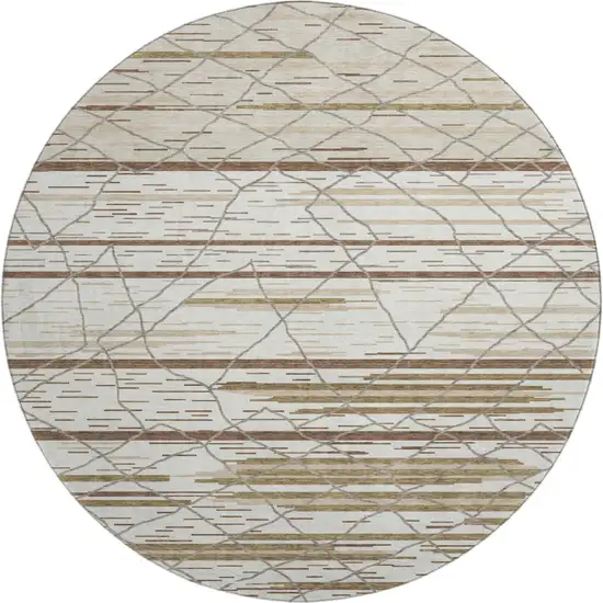 8' Ivory Taupe And Beige Striped Washable Round Rug With UV Protection Photo 1