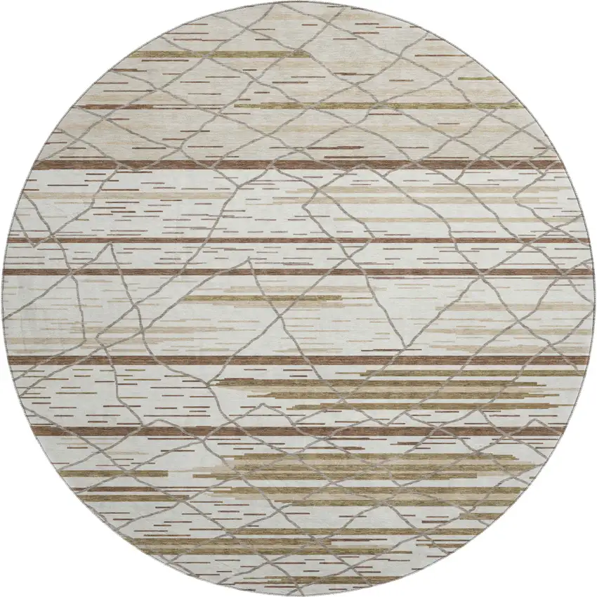 8' Ivory Taupe And Beige Striped Washable Round Rug With UV Protection Photo 1