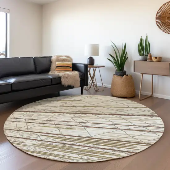 8' Ivory Taupe And Beige Striped Washable Round Rug With UV Protection Photo 4