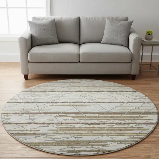 8' Ivory Taupe And Beige Striped Washable Round Rug With UV Protection Photo 2