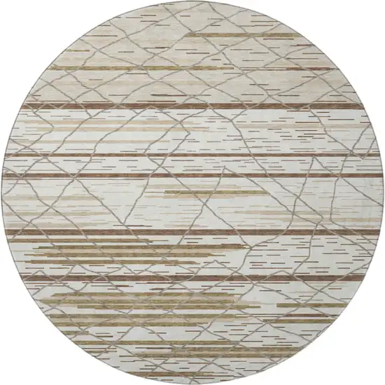 8' Ivory Taupe And Beige Striped Washable Round Rug With UV Protection Photo 3
