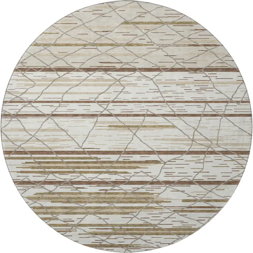 8' Ivory Taupe And Beige Striped Washable Round Rug With UV Protection Photo 3