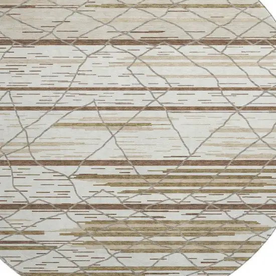 8' Ivory Taupe And Beige Striped Washable Round Rug With UV Protection Photo 2