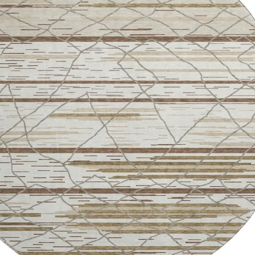 8' Ivory Taupe And Beige Striped Washable Round Rug With UV Protection Photo 2