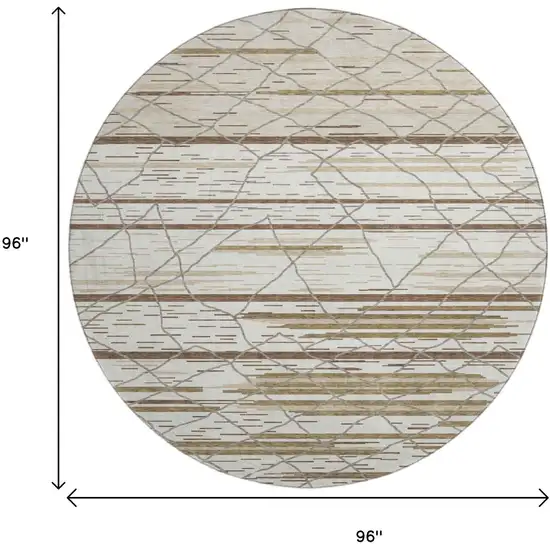 8' Ivory Taupe And Beige Striped Washable Round Rug With UV Protection Photo 9