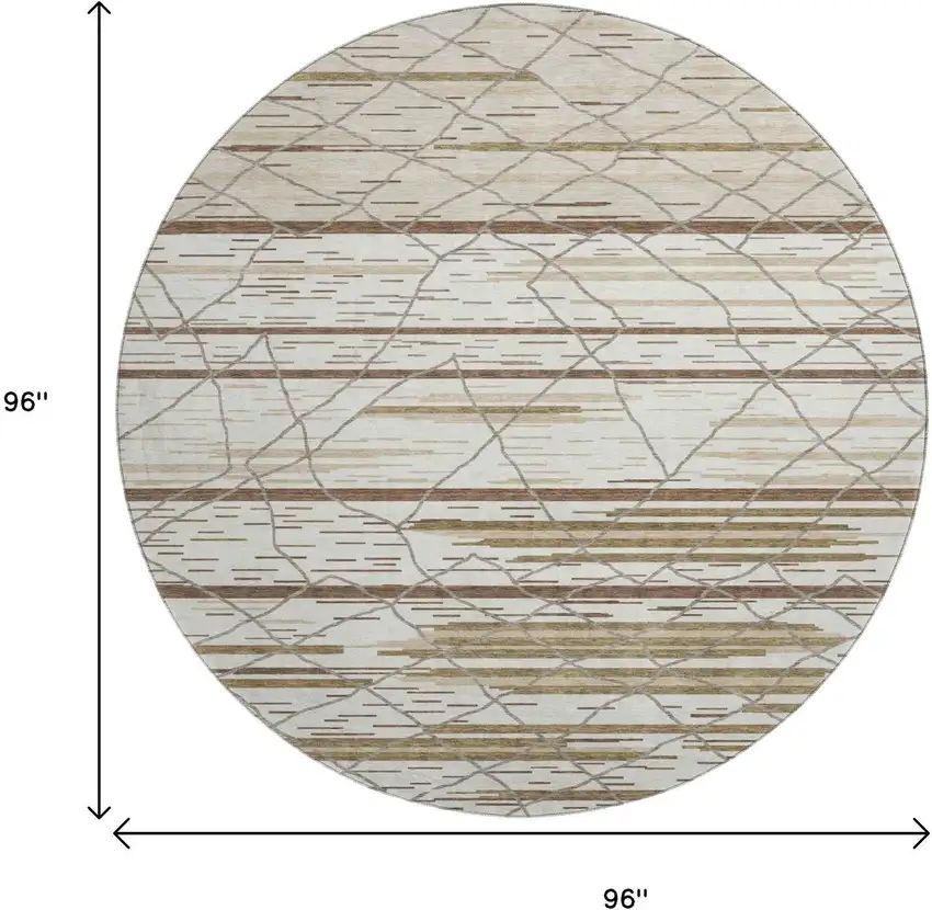 8' Ivory Taupe And Beige Striped Washable Round Rug With UV Protection Photo 9