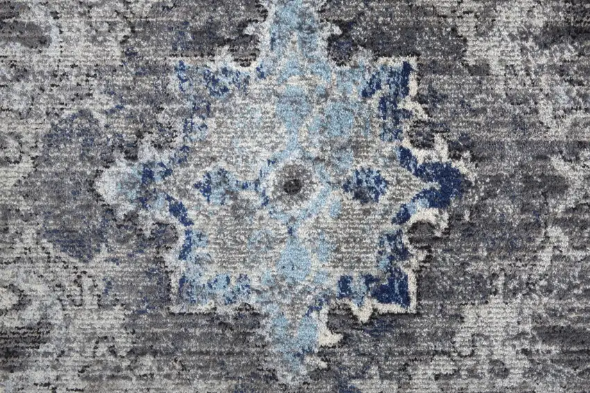 10' Ivory Taupe And Blue Floral Power Loom Distressed Stain Resistant Runner Rug Photo 6