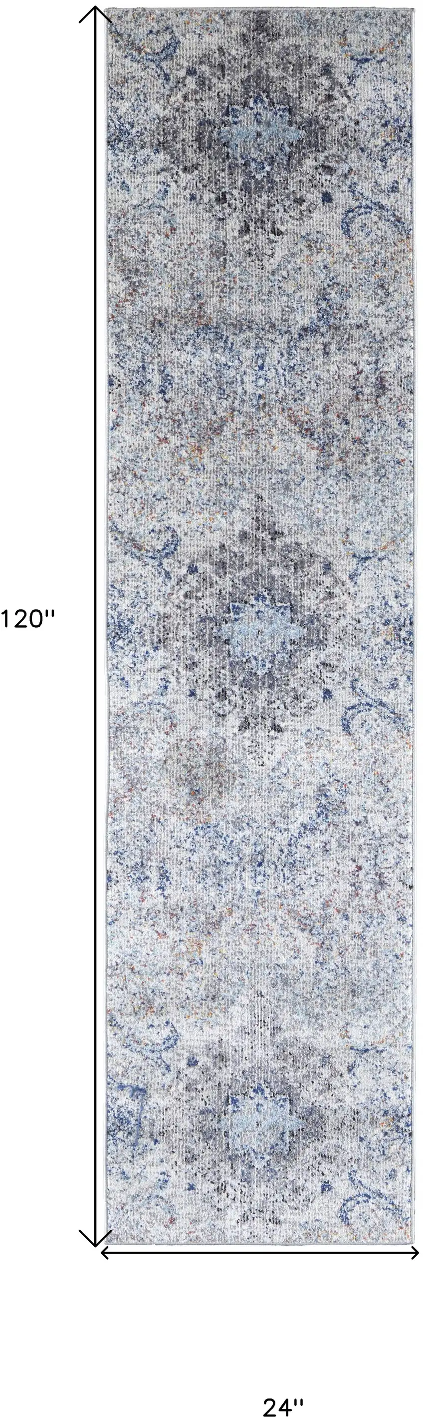 10' Ivory Taupe And Blue Floral Power Loom Distressed Stain Resistant Runner Rug Photo 7