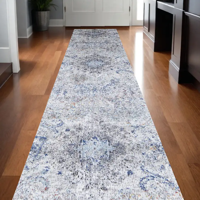 10' Ivory Taupe And Blue Floral Power Loom Distressed Stain Resistant Runner Rug Photo 1